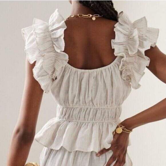 Ulla Johnson Paloma Ruffle Top in Sand Stripe Linen Women’s Size 6 - Picture 2 of 8